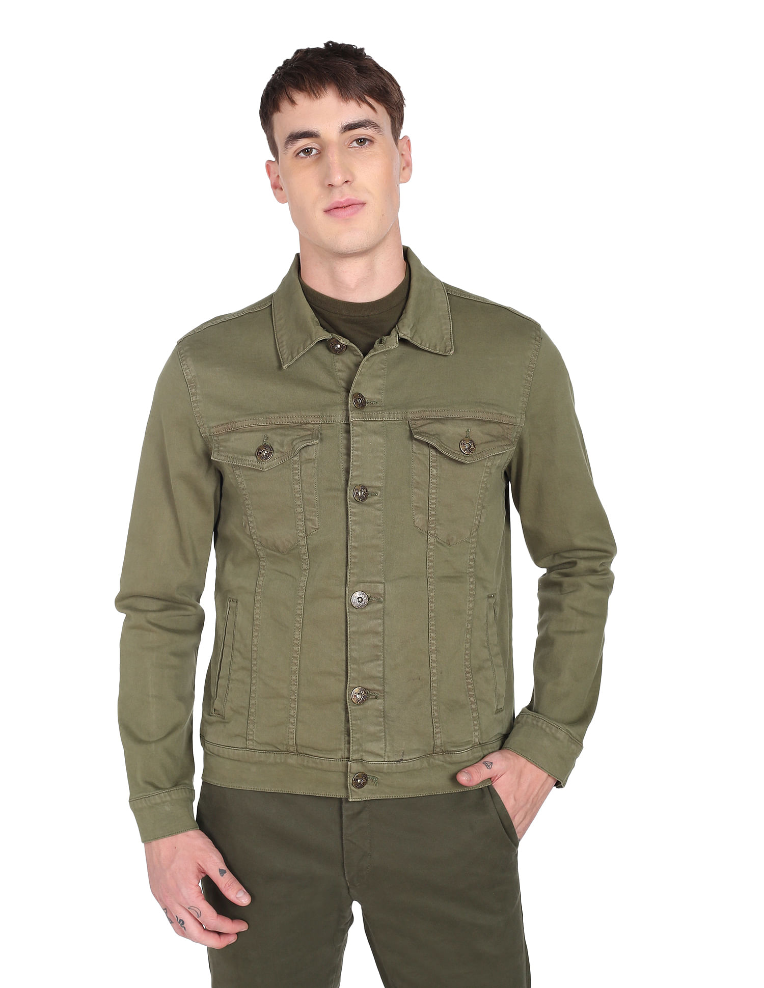 Flying Machine Spread Collar Solid Denim Jacket