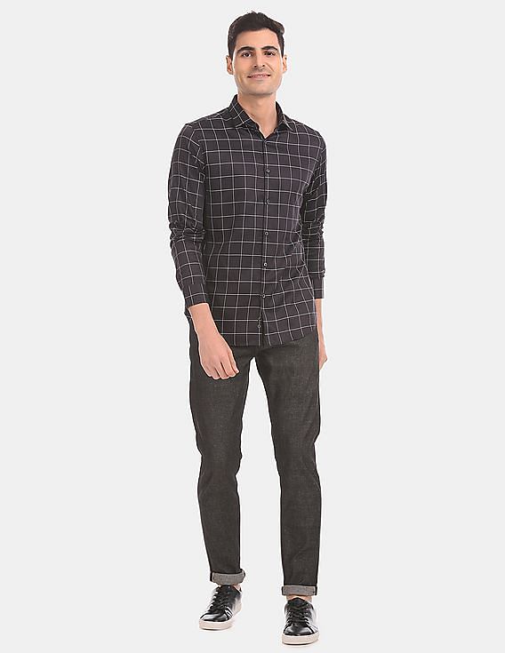 Calvin Klein Men Black Slim Fit Windowpane Check Casual Shirt