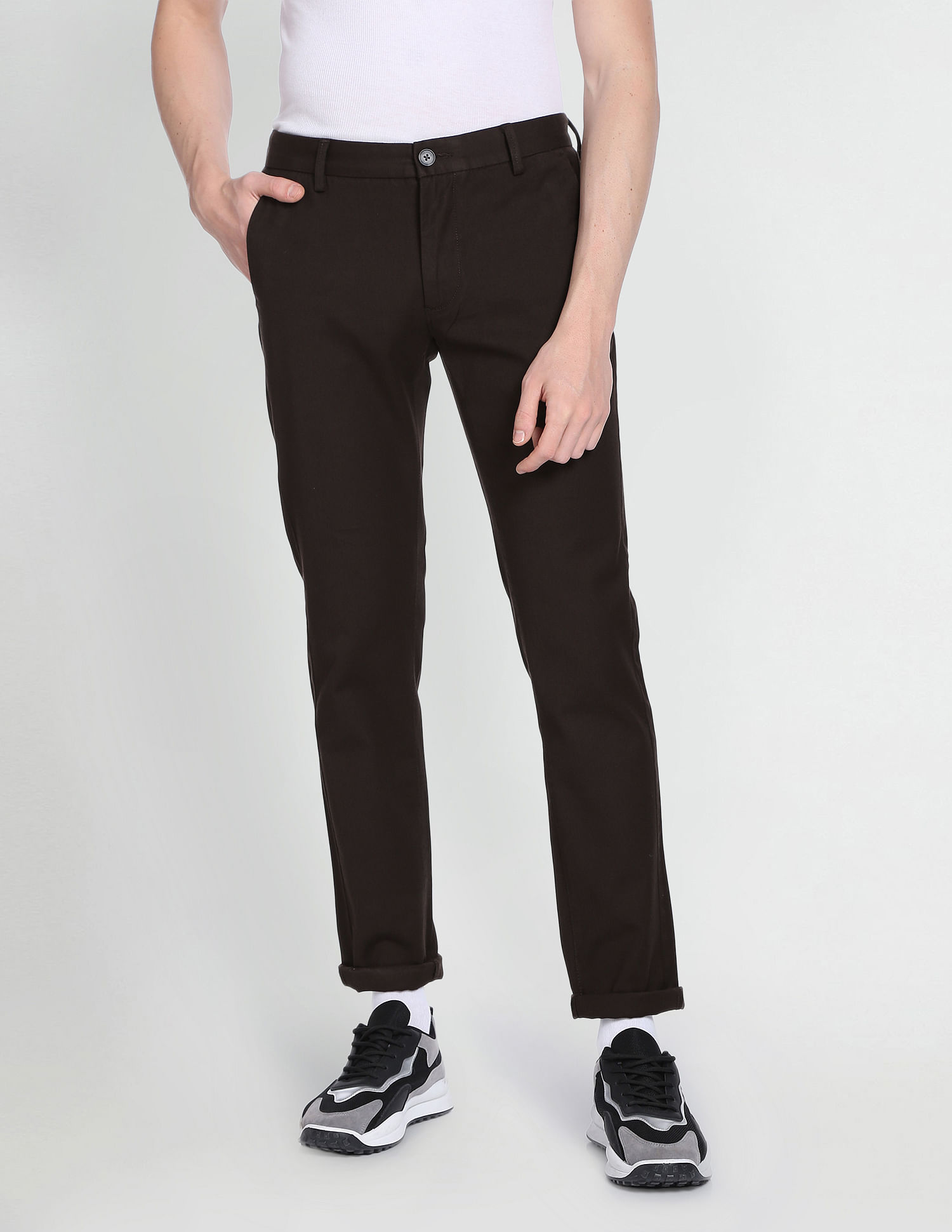 Buy HANGUP Solid Cotton Blend Regular Fit Mens Casual Trousers | Shoppers  Stop