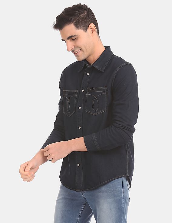 Calvin Klein Men Dark Blue Long Sleeve Utility Denim Casual Shirt
