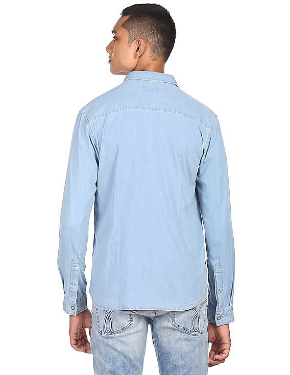 Flying Machine Spread Collar Washed Denim Shirt