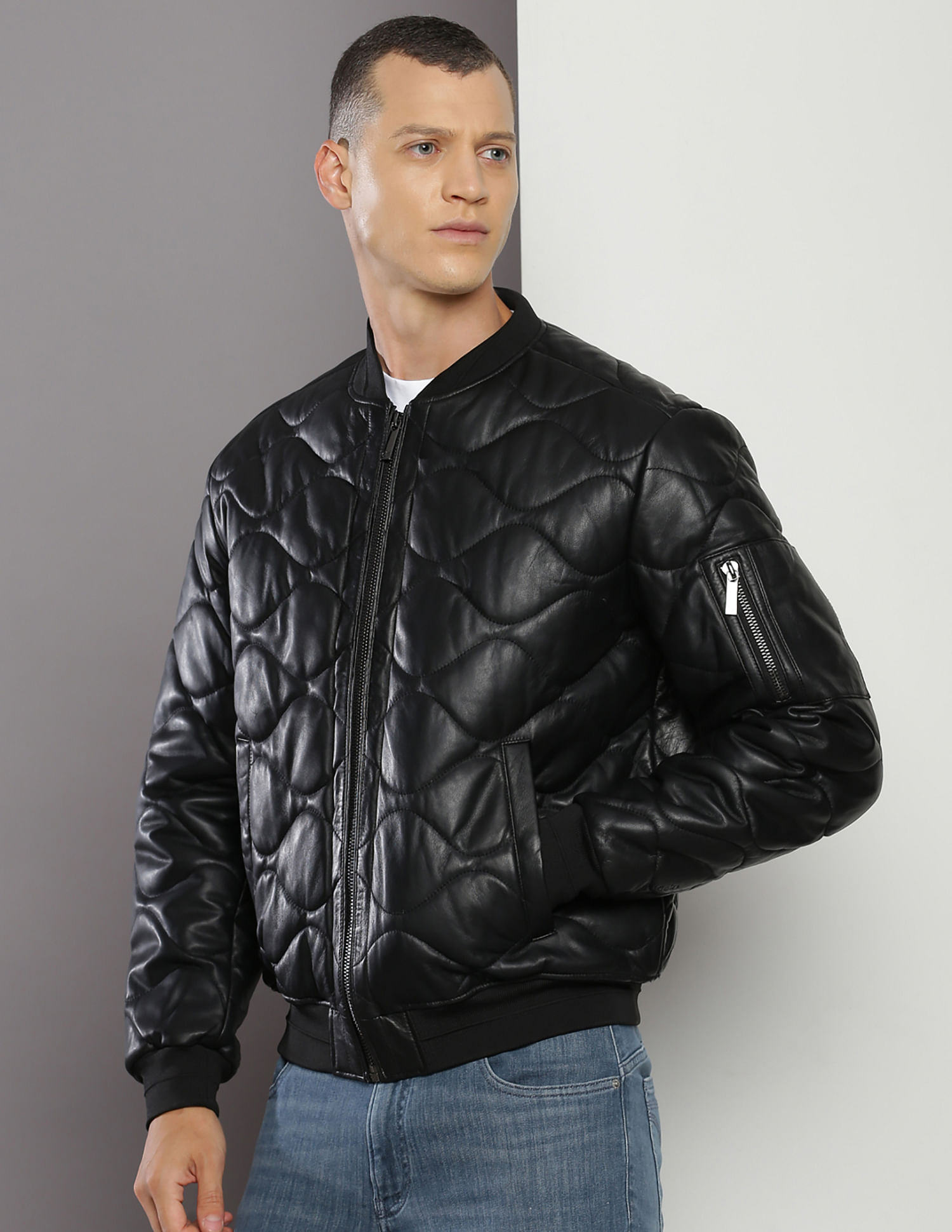 Calvin klein men's 2024 leather bomber jacket