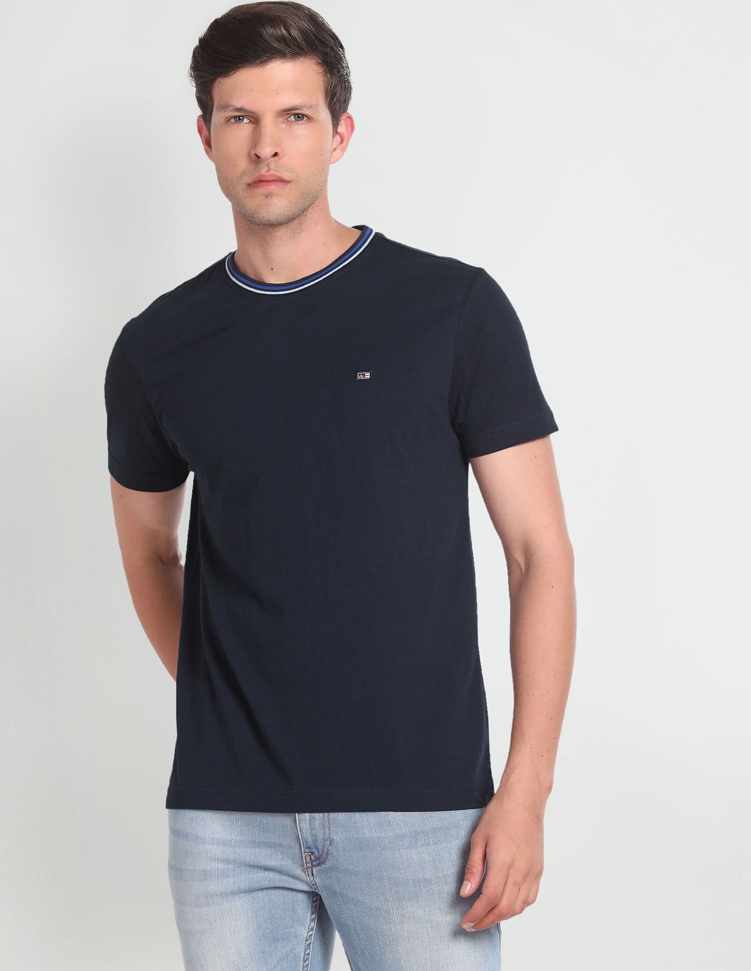 Arrow Sports Striped Neck Solid T-Shirt