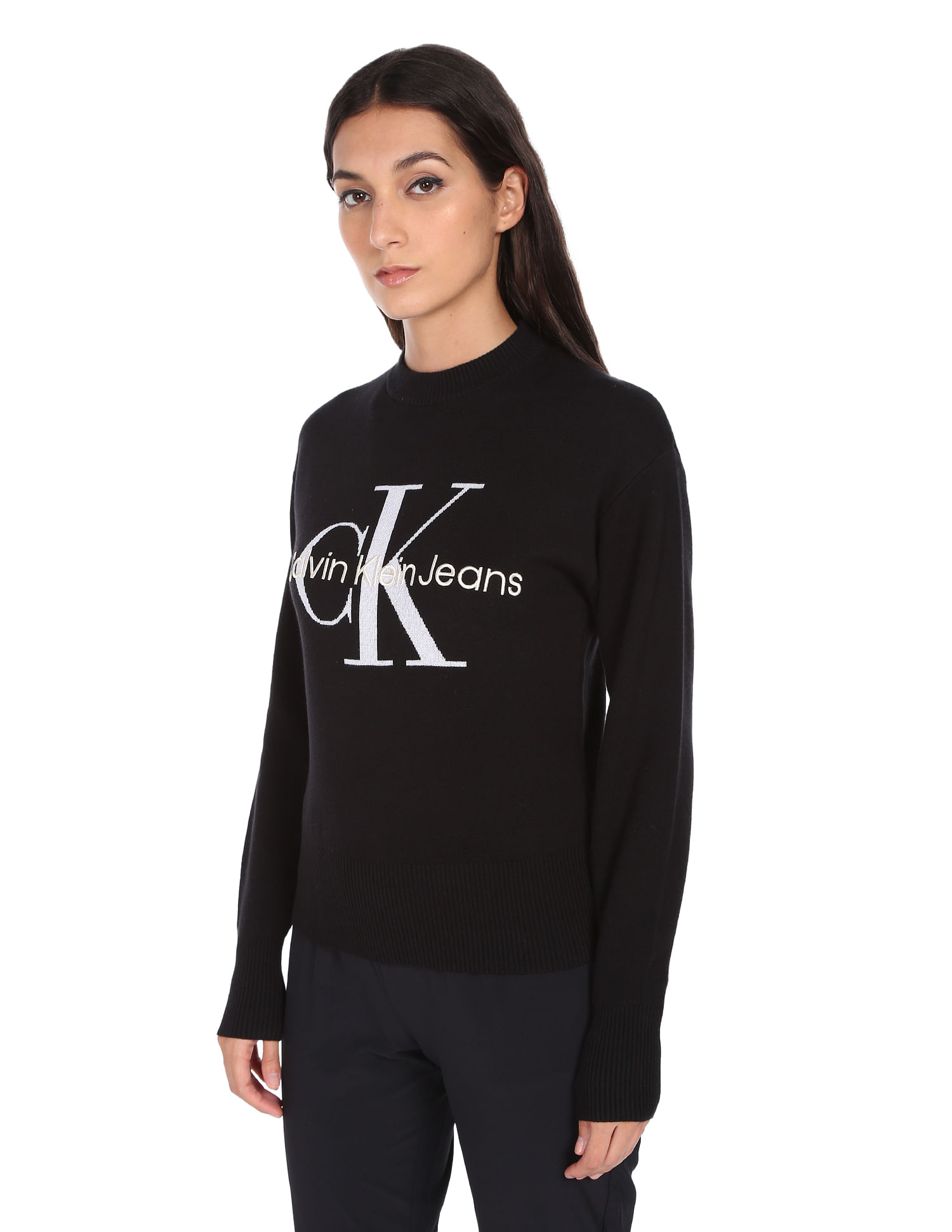 Buy Calvin Klein Women Black Crew Neck Logo Sweater 