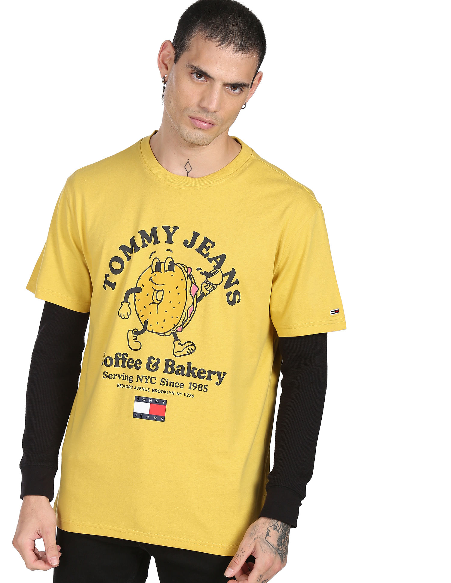Buy Tommy Hilfiger Men Yellow Tommy Bagels Graphic Print Recycled Cotton T- Shirt