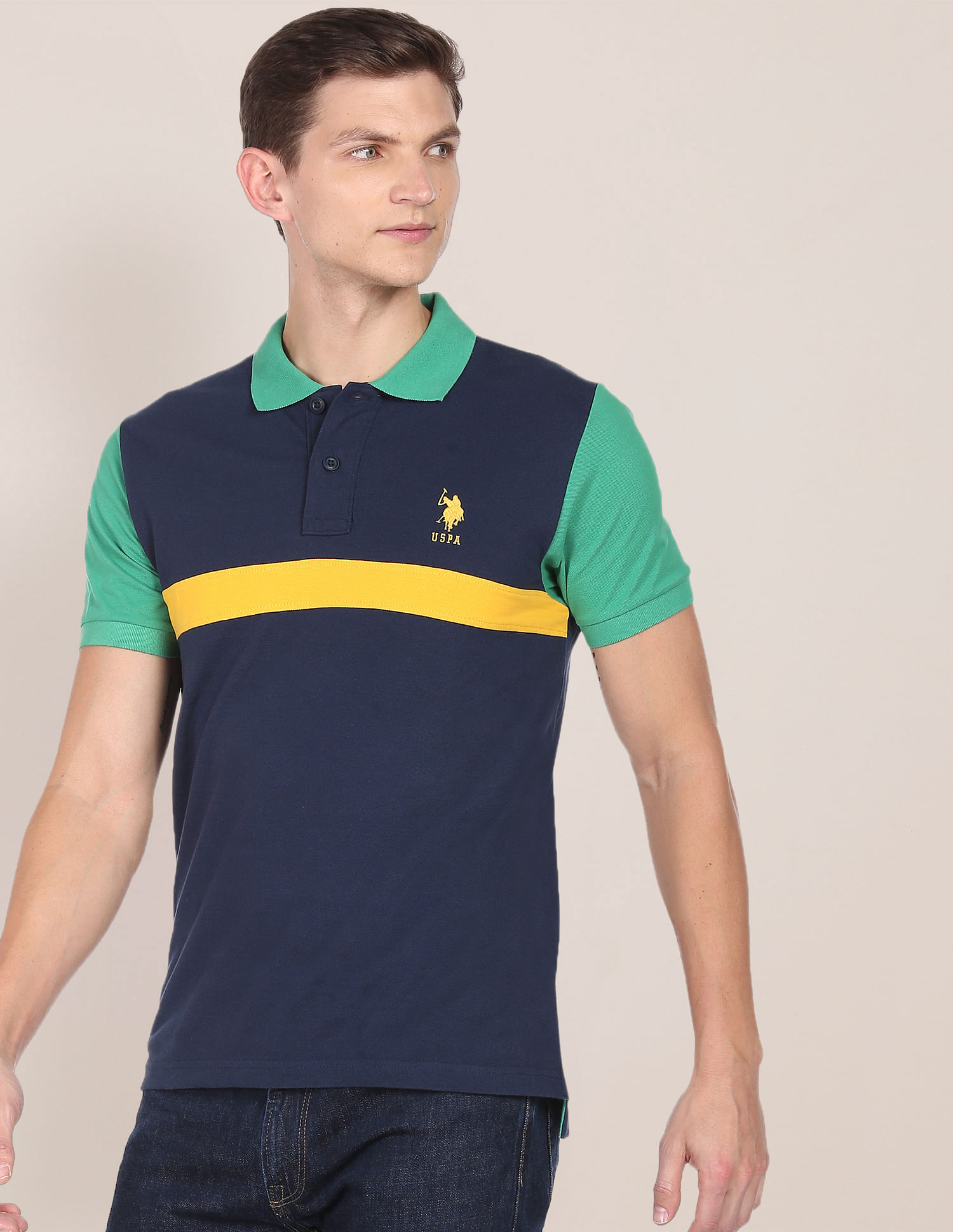 U.S. Polo Assn. Colour Block Cotton Polo Shirt, Green (M)