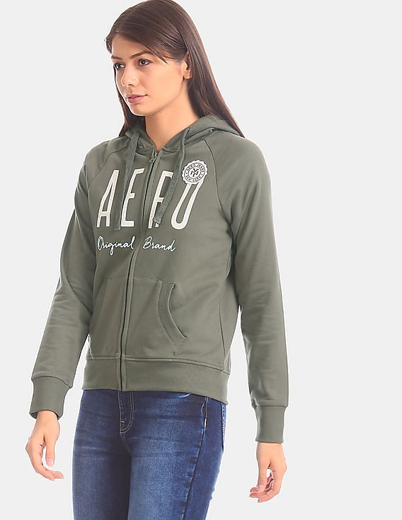 Aeropostale Women Green Brand Logo Hooded Zip Up Sweatshirt