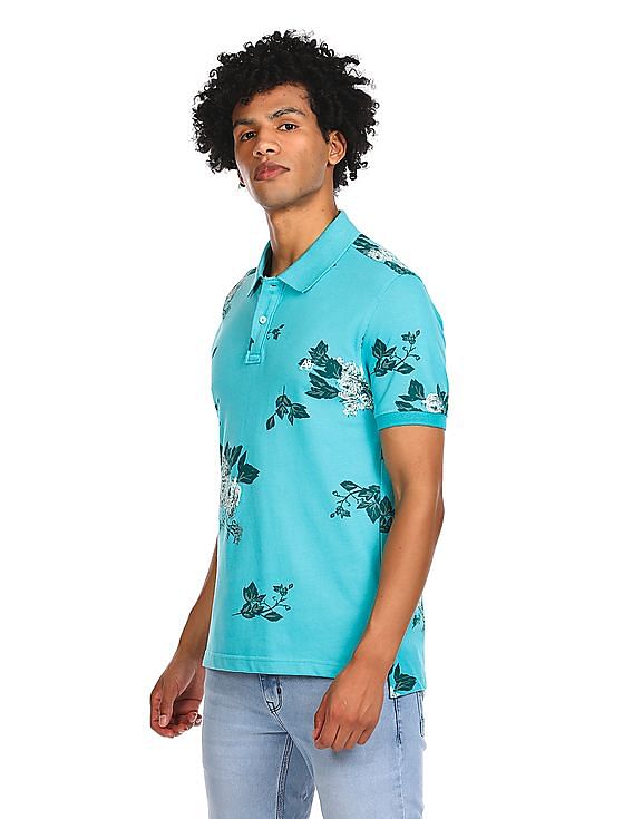 Aeropostale Men Turquoise Cotton Floral Print Polo Shirt