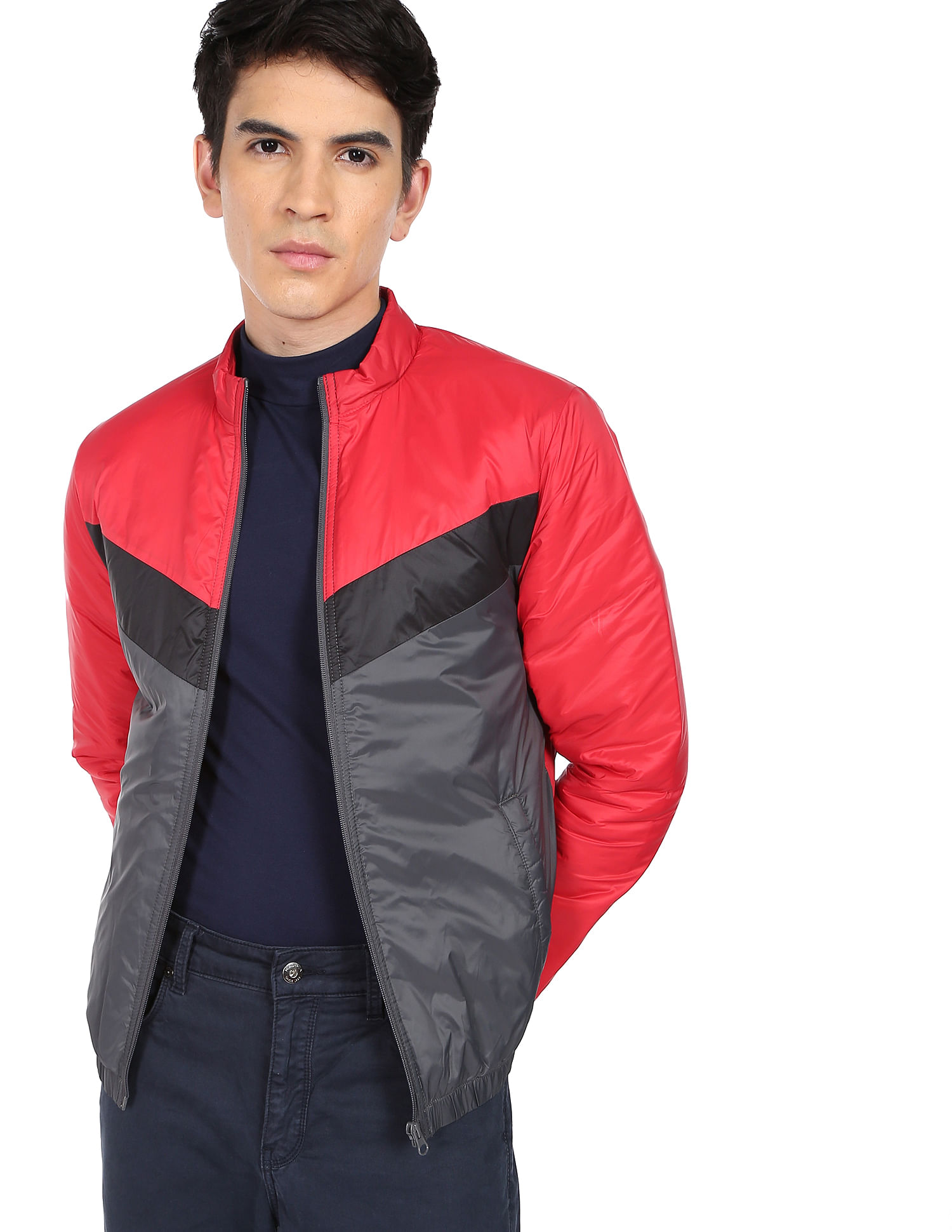 Buy Flying Machine Men Red Solid Zip Up Polyester Bomber Jacket