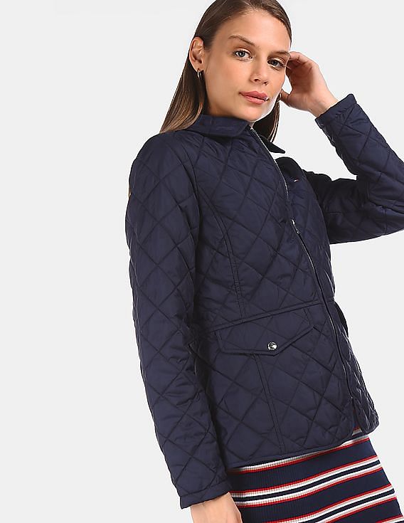 Buy Tommy Hilfiger Women Navy Blue Spread Collar Quilted Jacket