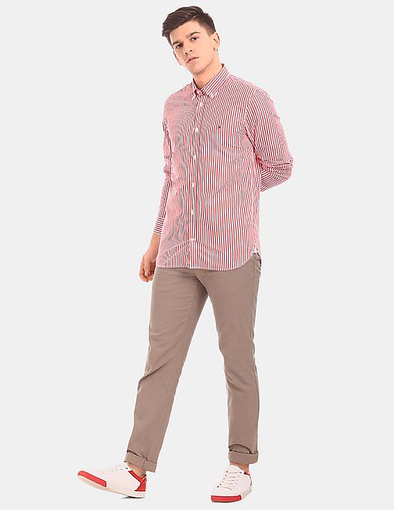 Buy Tommy Hilfiger Men Red And White Slim Fit Stripe Casual Shirt 