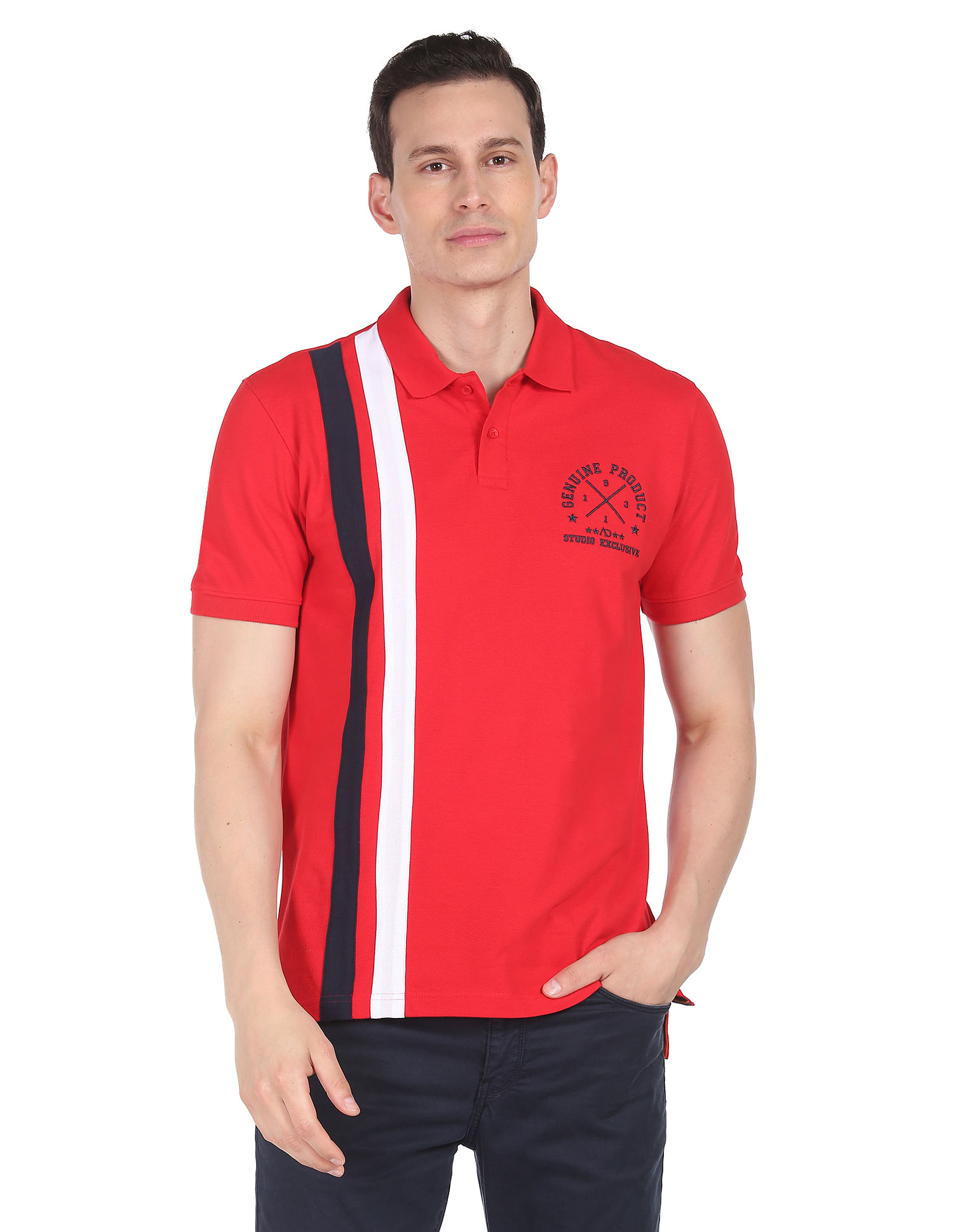 AD by Arvind Cotton Vertical Stripe Polo Shirt