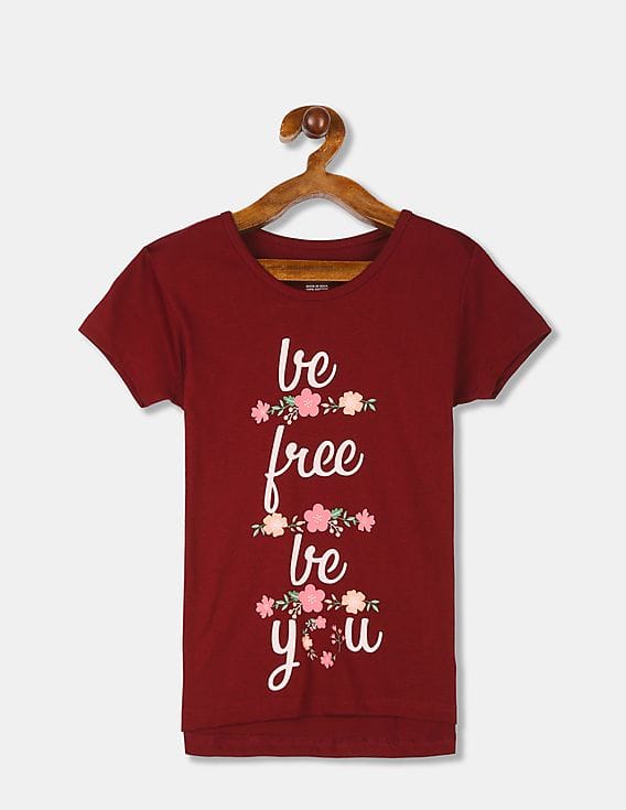 Girls Maroon Short Sleeve Graphic Print 