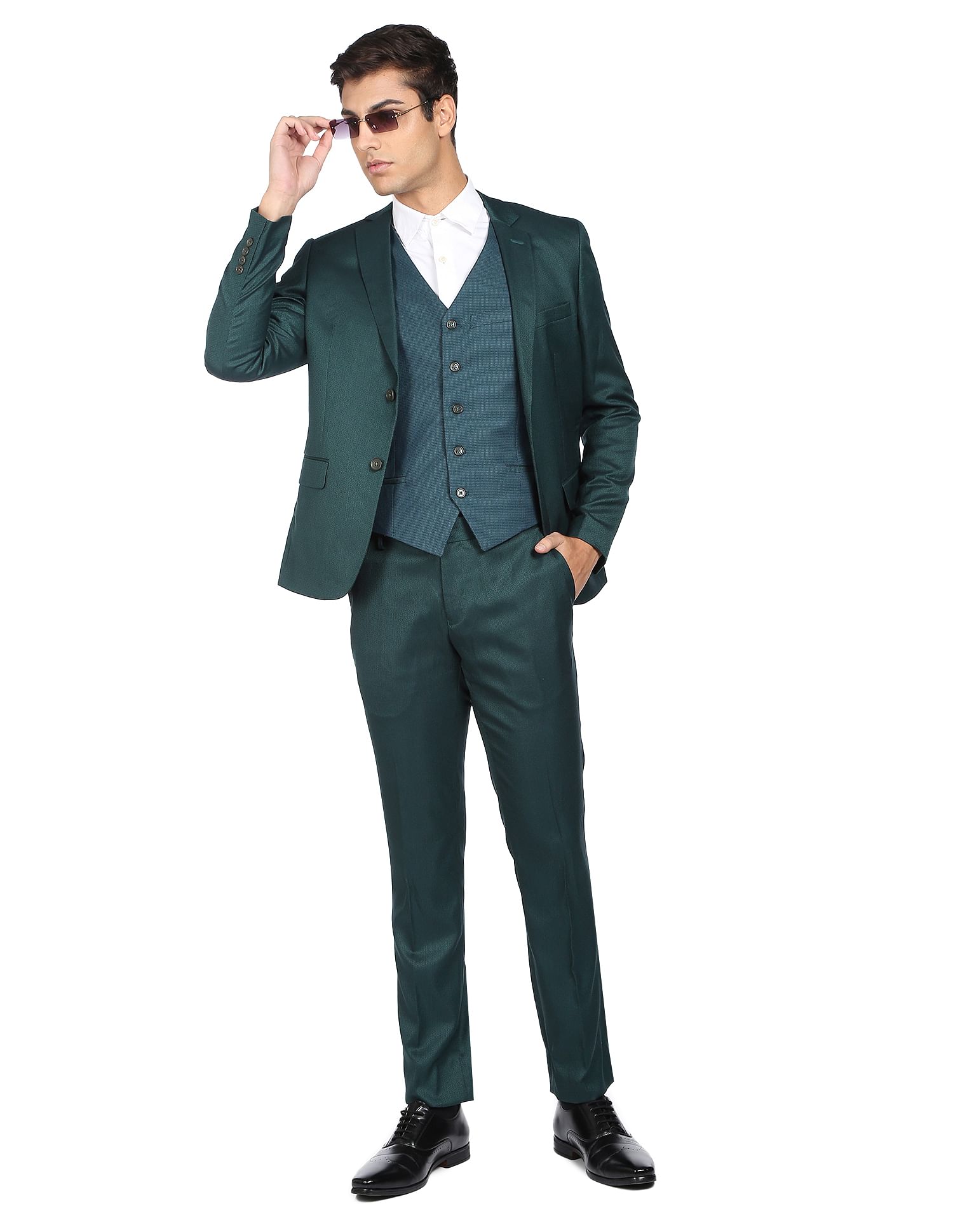 AD by Arvind Tailored Fit Geometric Patterned Three Piece Suit