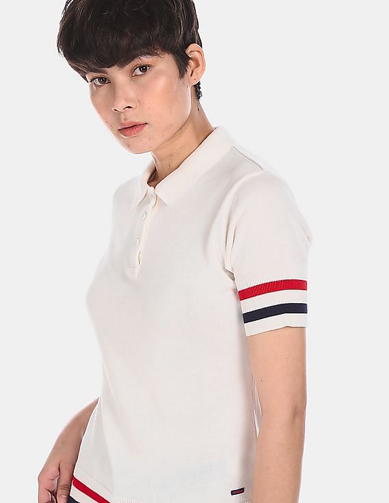 U.S. Polo Assn. Women Off-White Short Sleeve With Ribbed Hems Striped Pique Polo Shirt