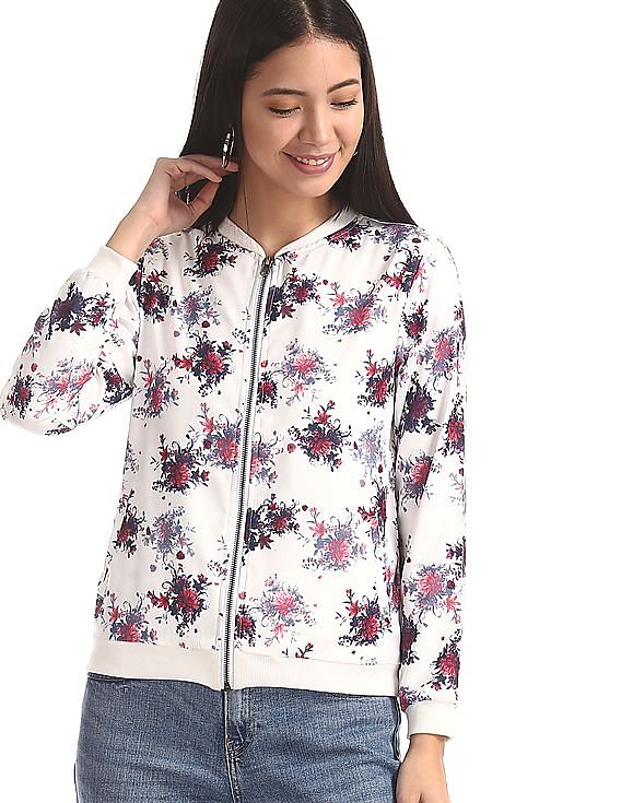 Ladies White Red Floral Print Zip Front Blouson Jacket Long Sleeve