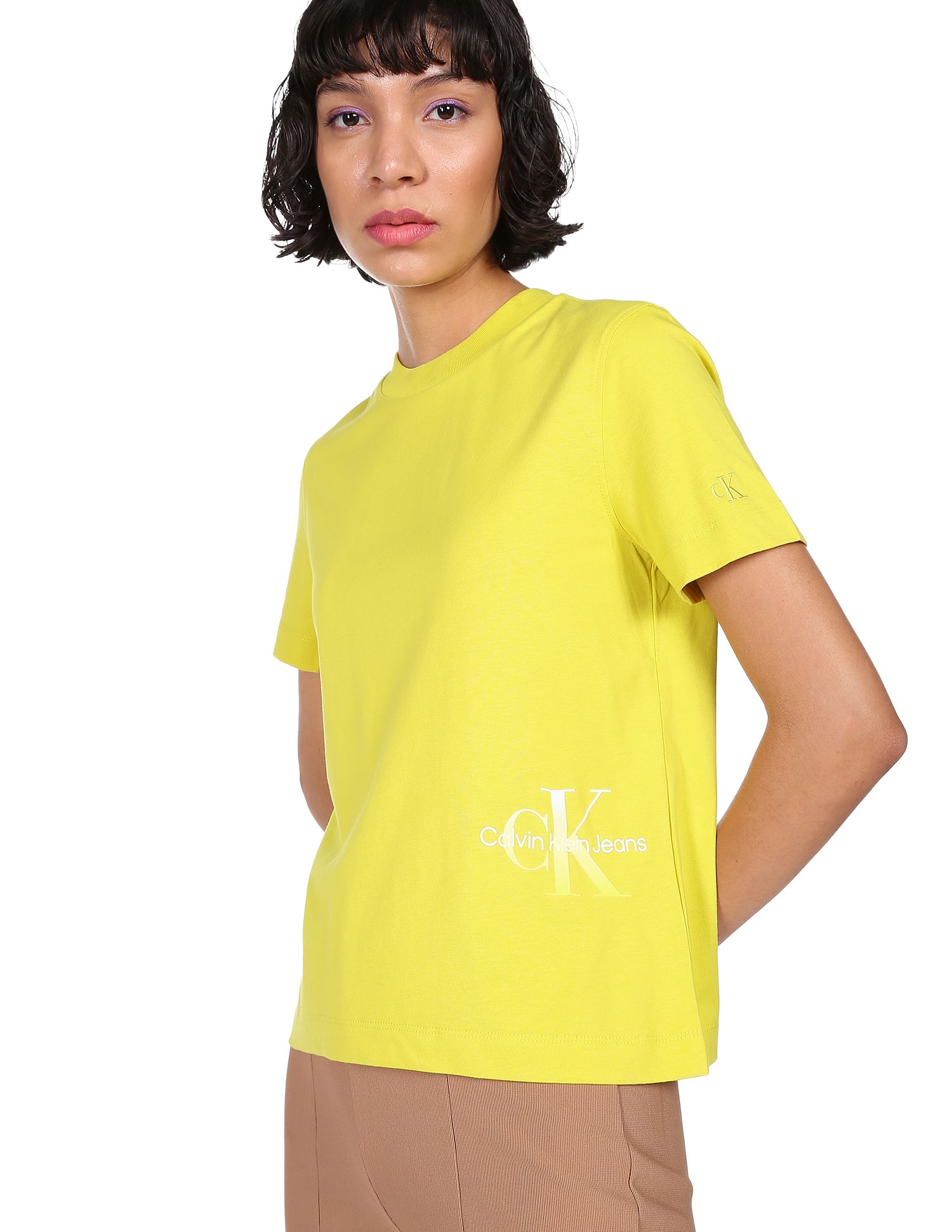 Buy Calvin Klein Women Yellow Round Neck Solid Cotton T Shirt NNNOW