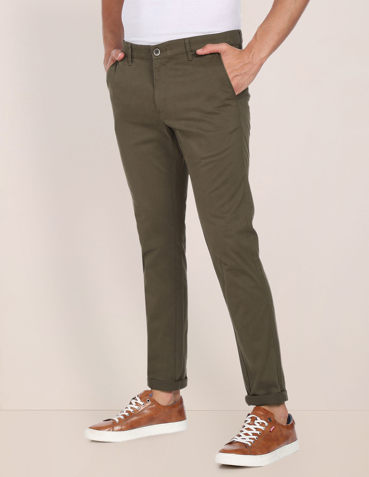 Buy Men Khaki Solid Super Slim Fit Trousers Online - 172854 | Peter England