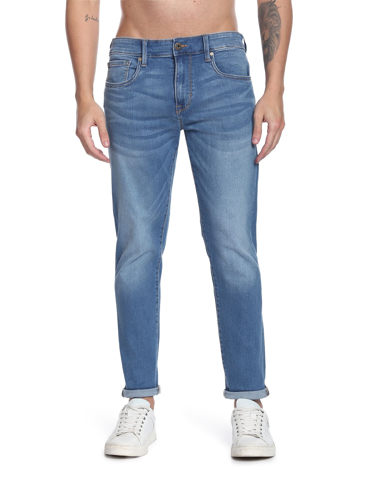 Flying Machine Stone Wash Slash Slim Tapered Fit Authentic Signature Jeans
