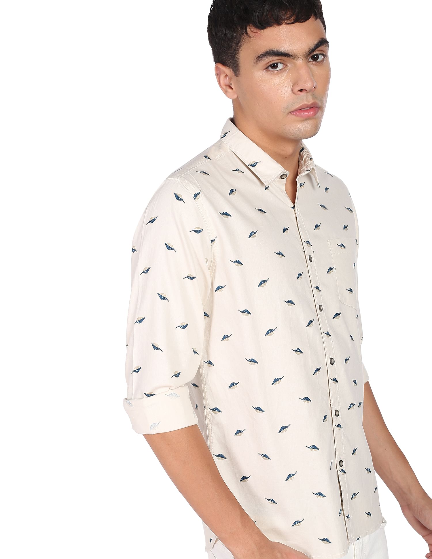 Flying Machine Geometric Print Twill Weave Shirt