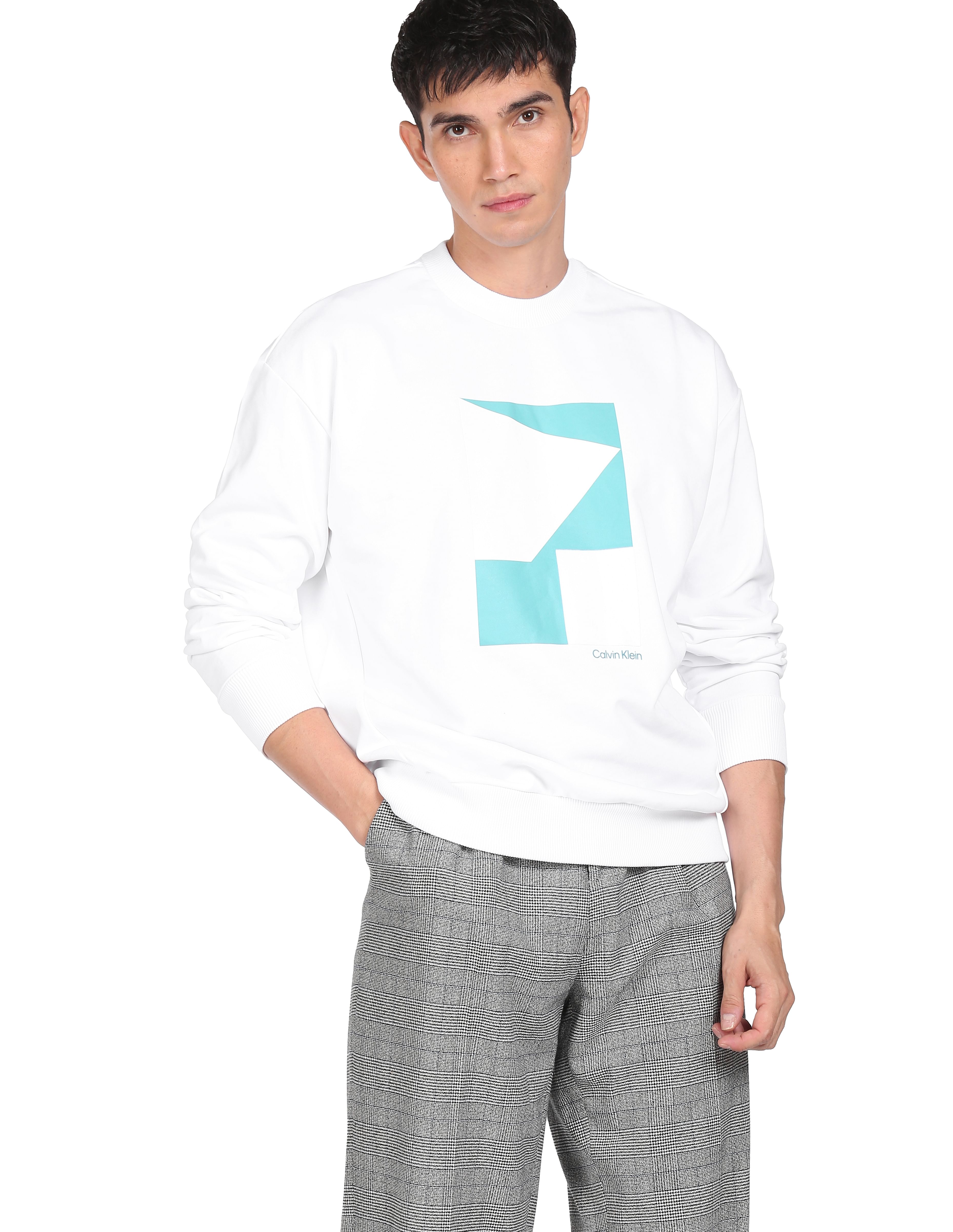 Buy Calvin Klein Men White Comfort Fit Colour Block Graphic Sweatshirt NNNOW