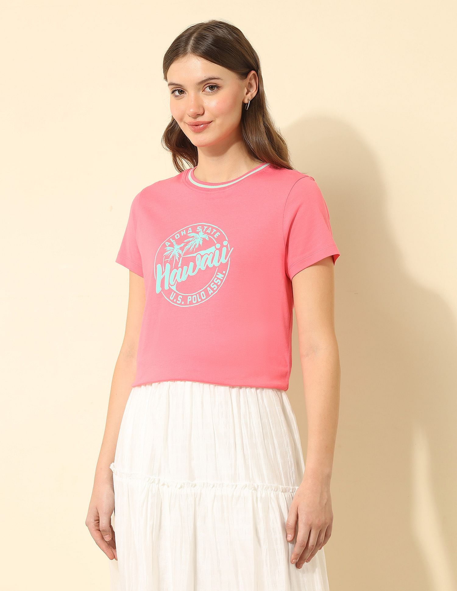 U.S. Polo Assn. Women Regular Fit Brand Printed T-Shirt