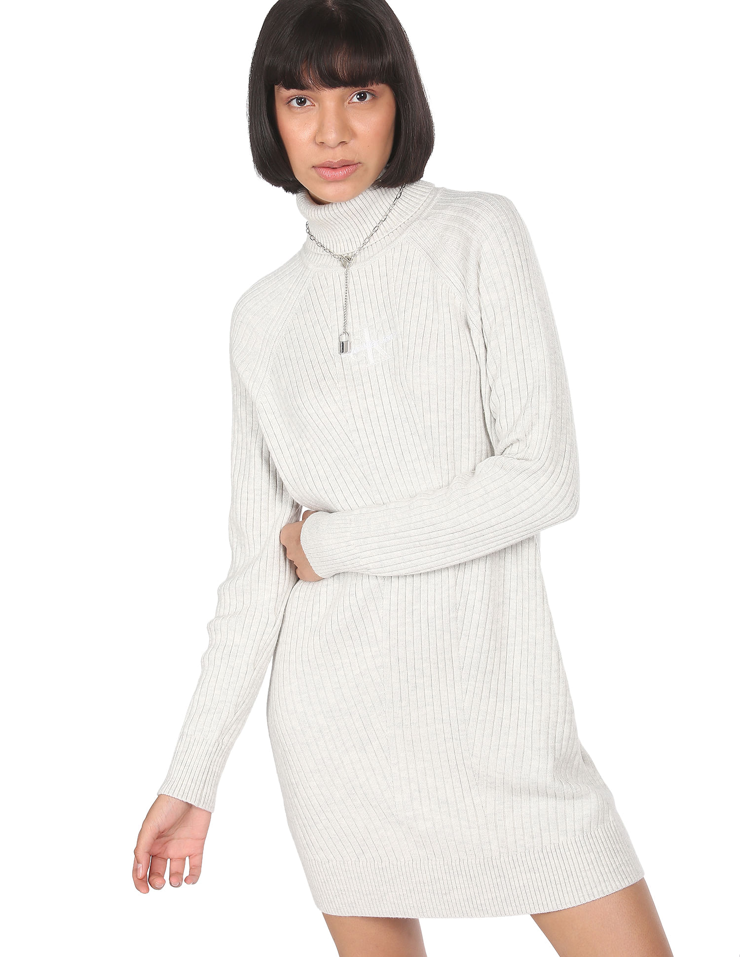 Buy Calvin Klein Jeans Women Light Grey Turtle Neck Monogram Sweater Dress  