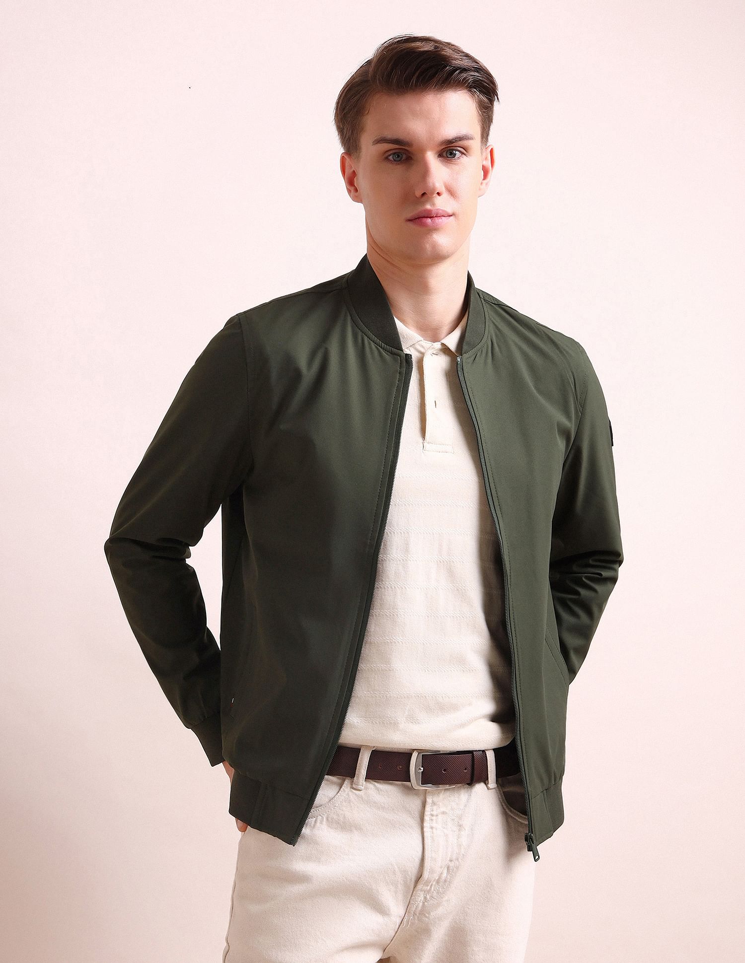 Arrow Sports Stand Neck Solid Bomber Jacket