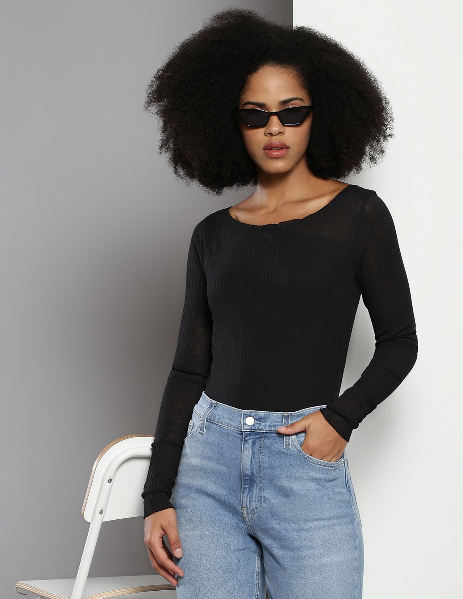 Calvin Klein Sheer Ribbed Long Sleeve Top