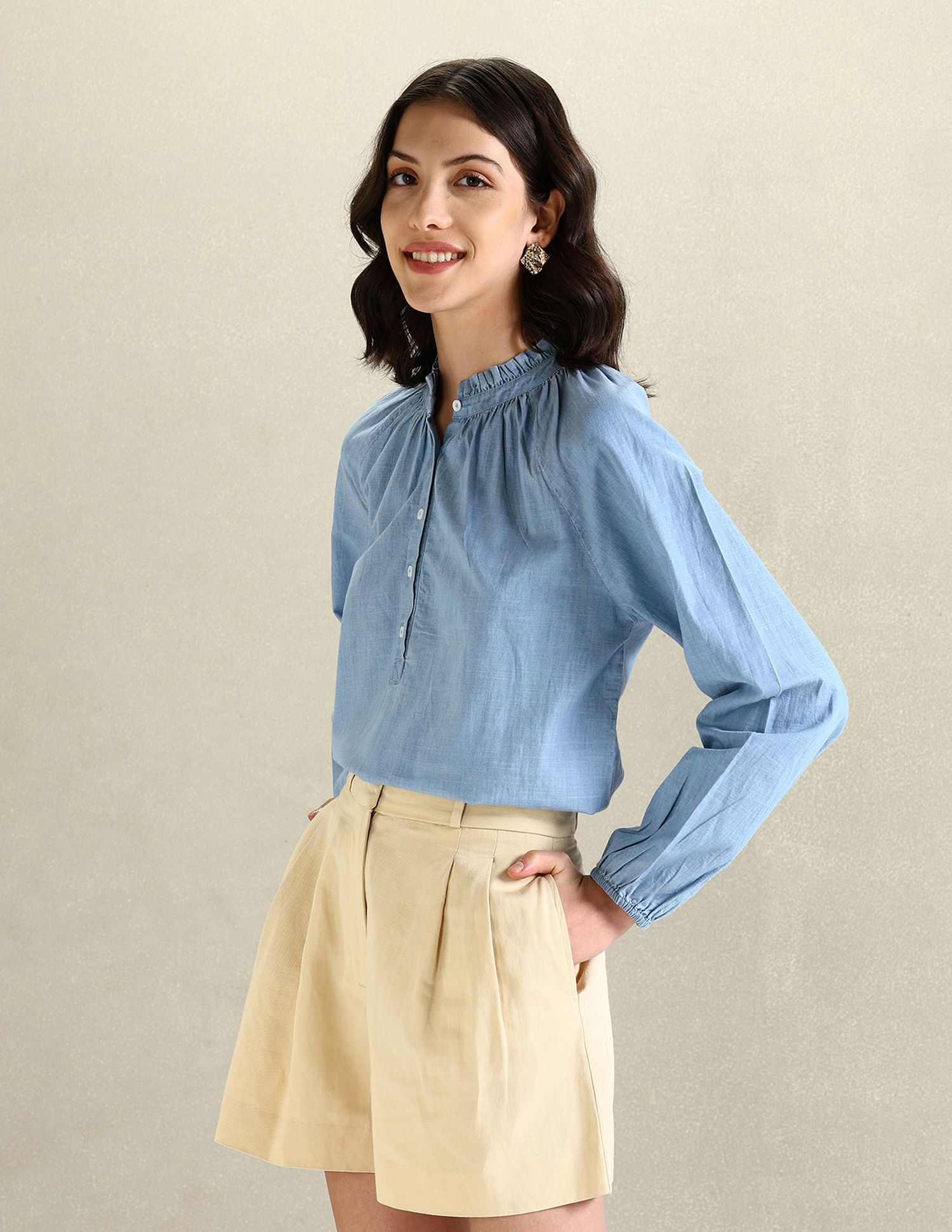 U.S. Polo Assn. Women Mandarin Collar Washed Shirt
