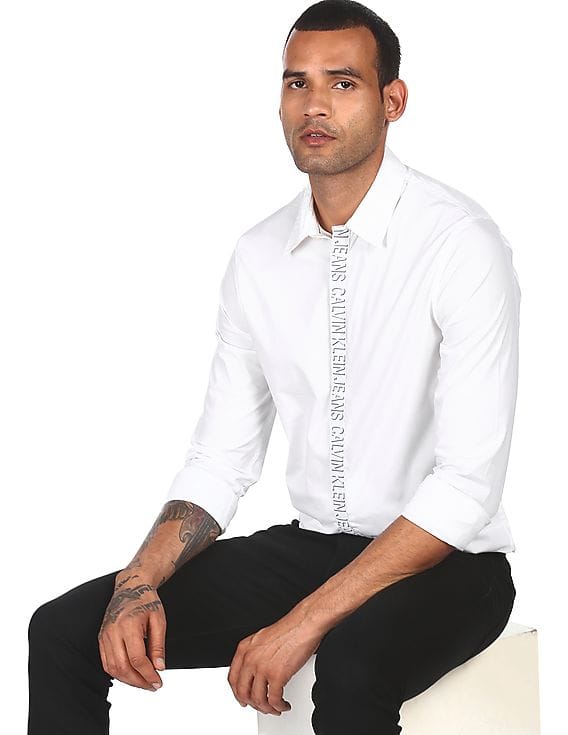 Buy Calvin Klein Men White Concealed Placket Logo Casual Shirt
