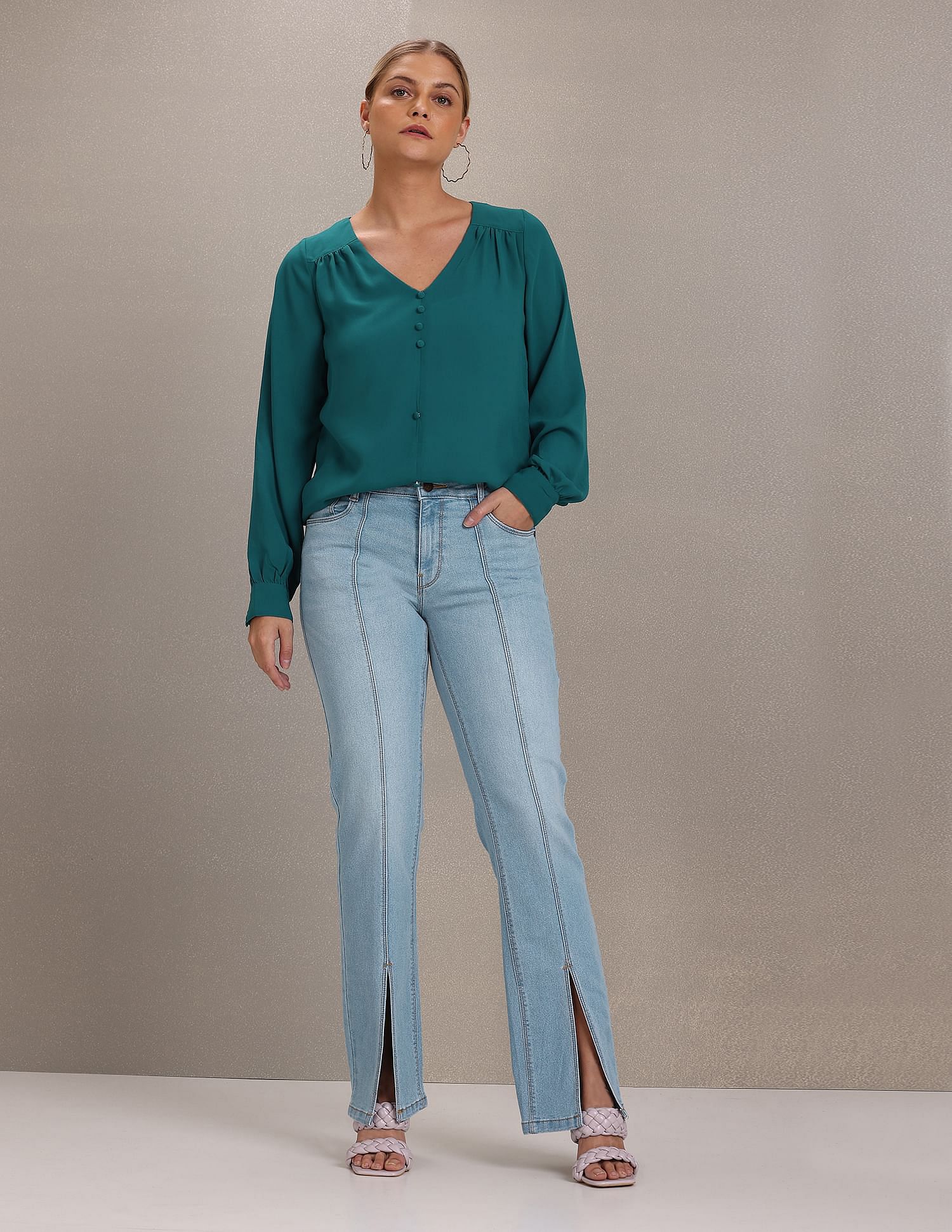 U.S. Polo Assn. Women Mock Button Placket Long Sleeve Top