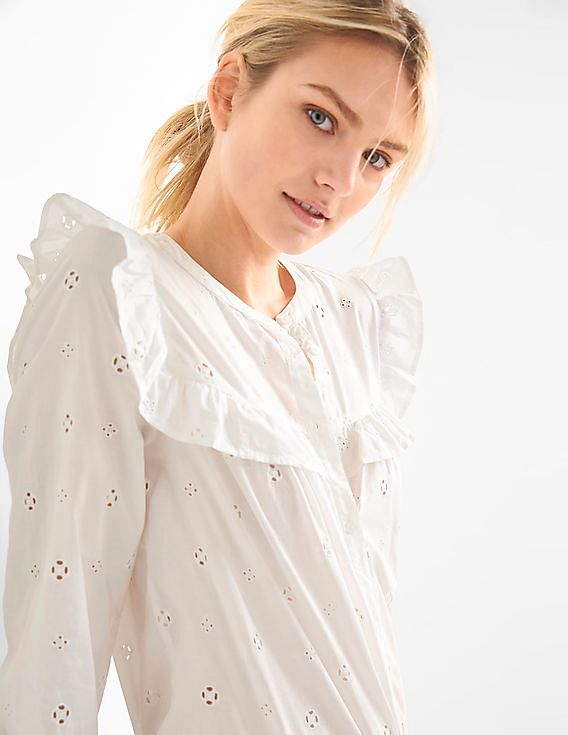 【OWIL】RUFFLE SHIRT定価58500円ジャーナル透け感レース LACE COMBINATION RUFFLE SHIRT – OWIL