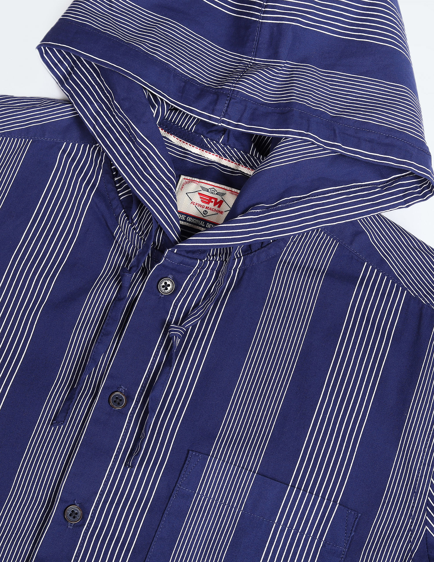 Flying Machine Hooded Vertical Striped Cotton Shirt