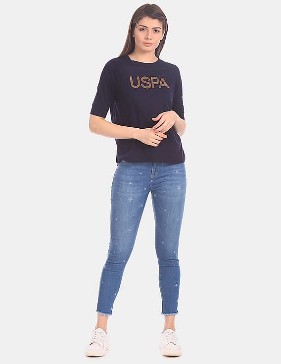 U.S. Polo Assn. Women Blue Brand Embellished Round Neck T-Shirt
