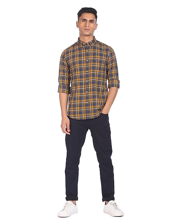 mens navy and mustard plaid shirt