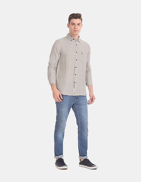 U.S. Polo Assn. Button Down Collar Check Linen Casual Shirt