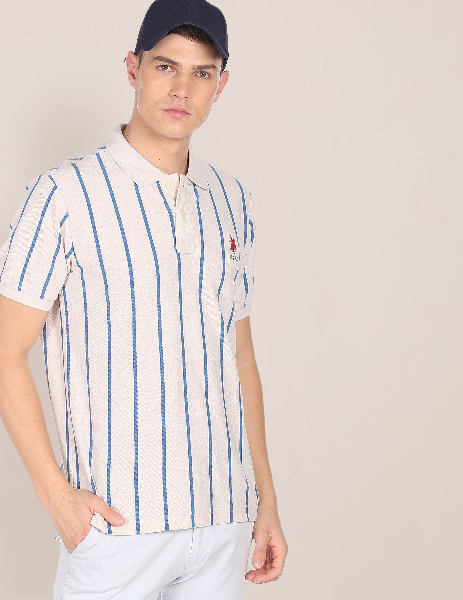 U.S. Polo Assn. Men Off White Cotton Pique Vertical Stripe Polo Shirt