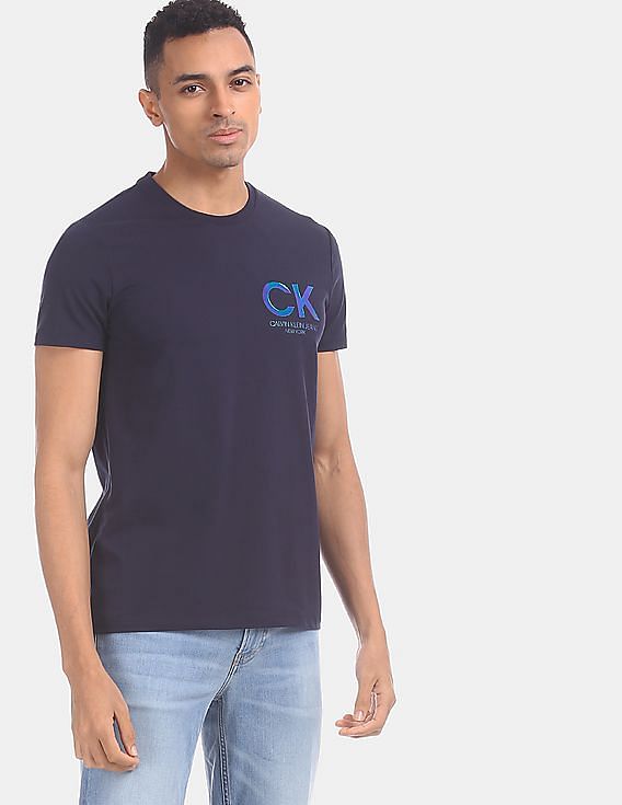 Buy Calvin Klein Men Navy Shiny Chest Logo Crew Neck Cotton Stretch T-Shirt  