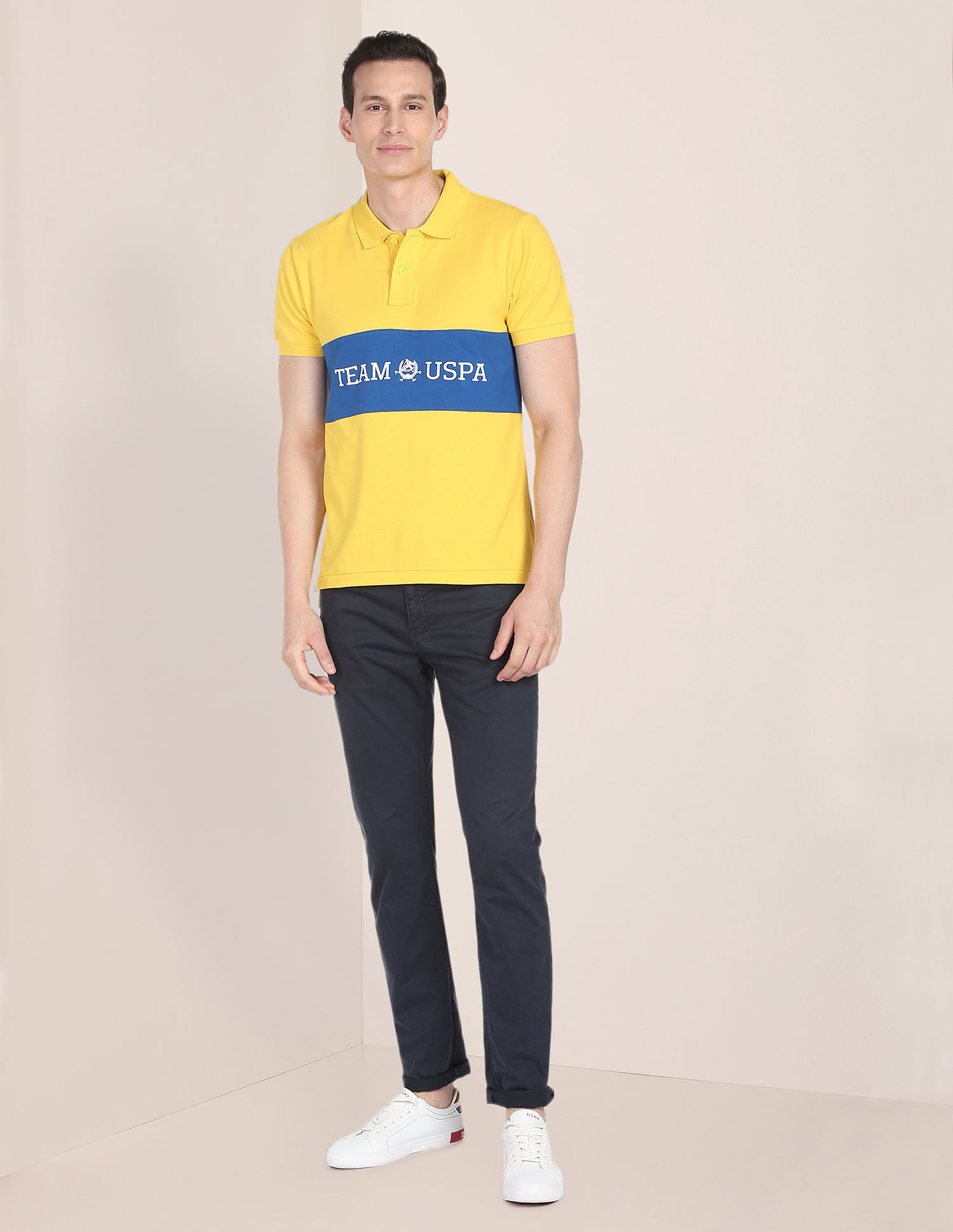 U.S. Polo Assn. Men Yellow Colour Block Cotton Polo Shirt