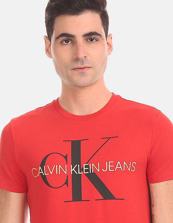 Calvin Klein Men Red Crew Neck Cotton Stretch Logo T-Shirt