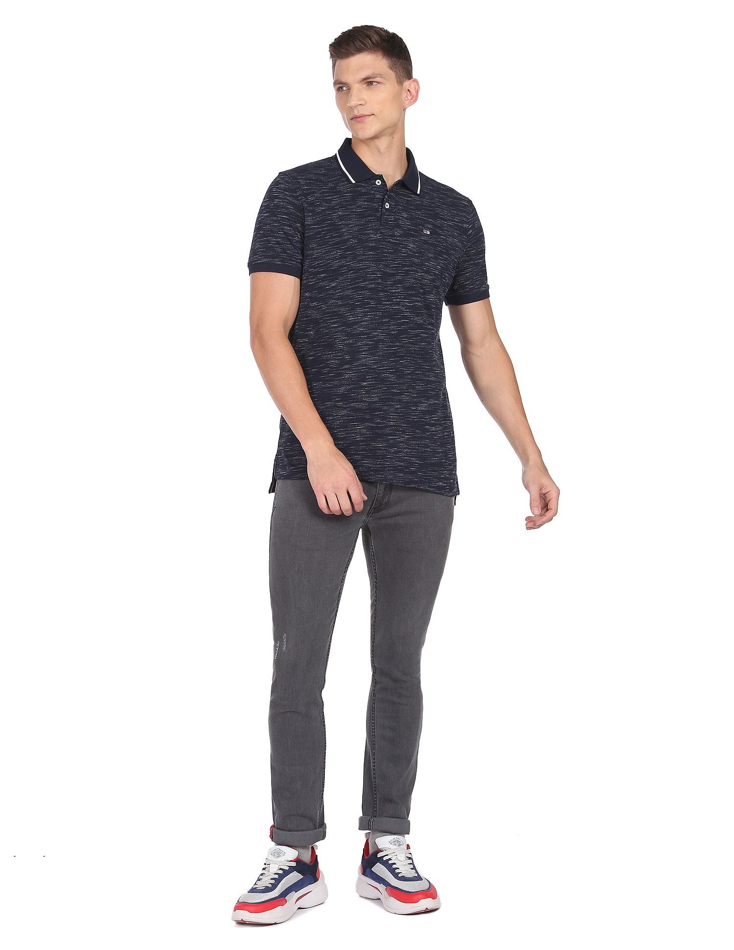 Arrow Sports Striped Collar Heathered Cotton Polo Shirt