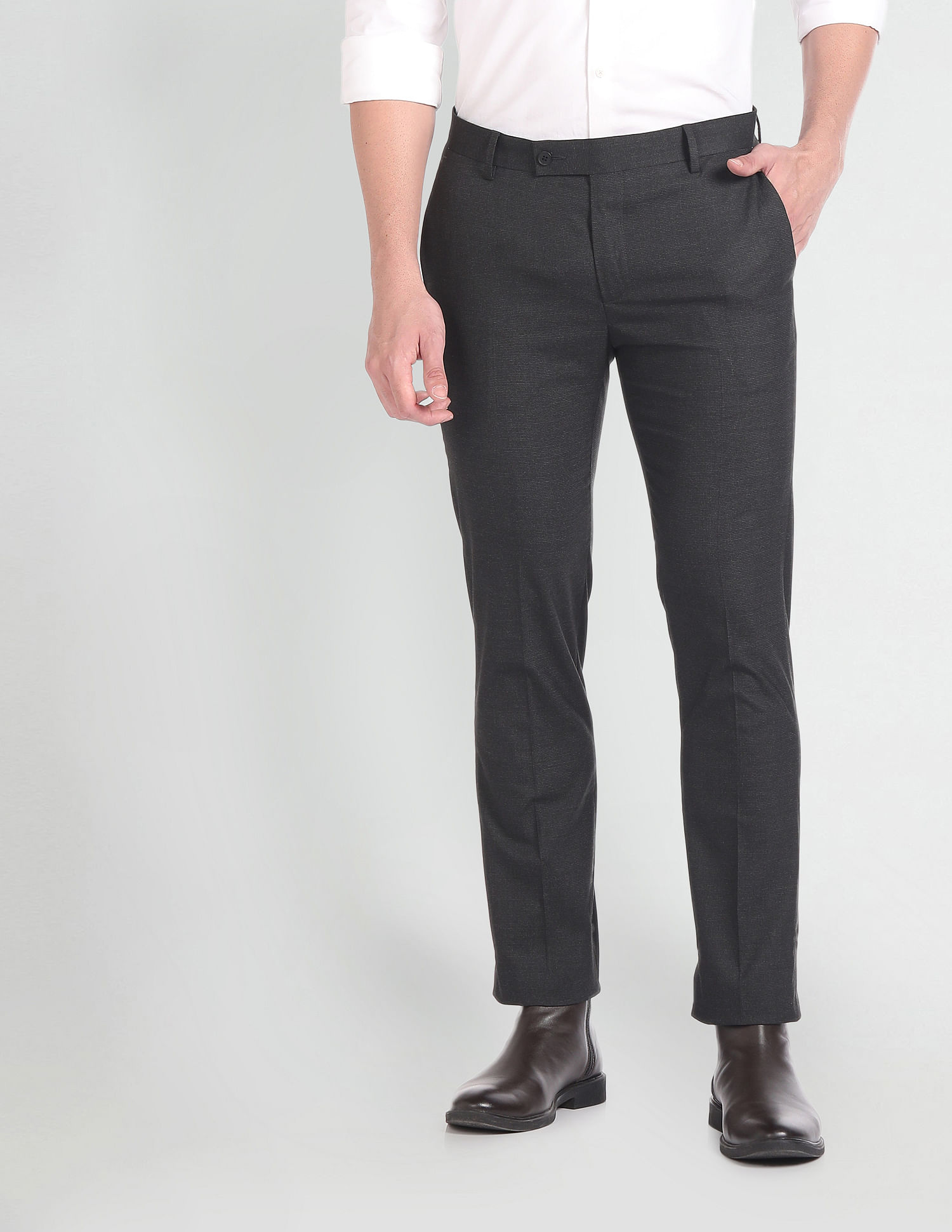 Buy Arrow Men Navy Blue Mid Rise Textured Formal Trousers Online