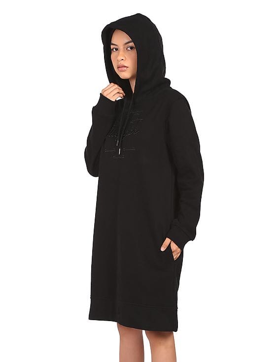 Buy Tommy Hilfiger Women Black Solid Script Short Hoodie Dress
