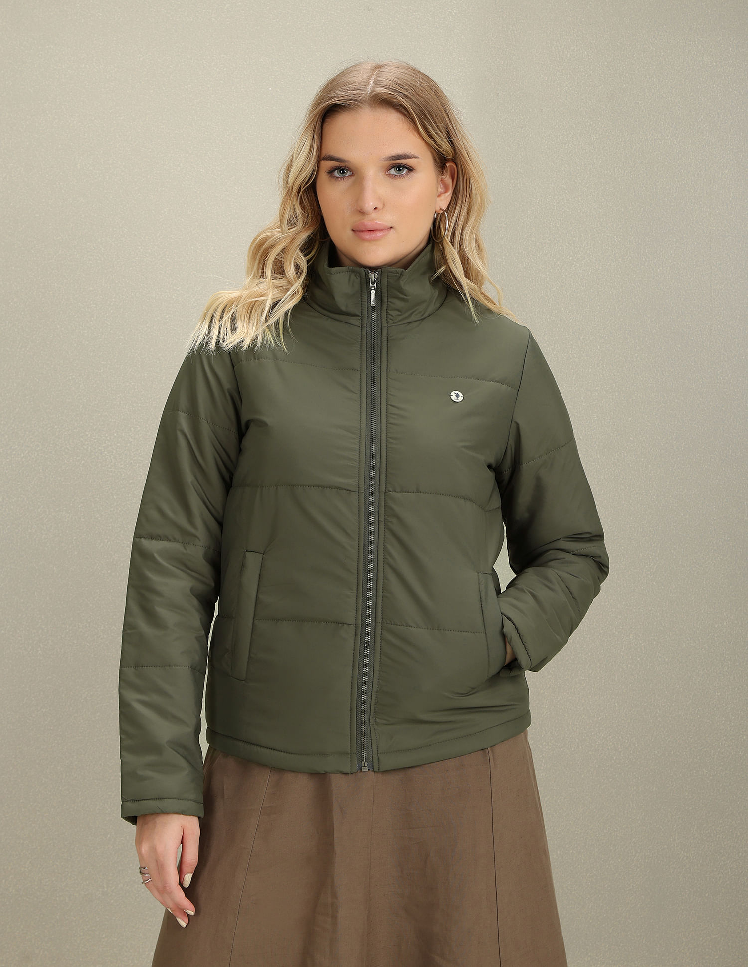 U.S. Polo Assn. Women High Neck Solid Puffer Jacket