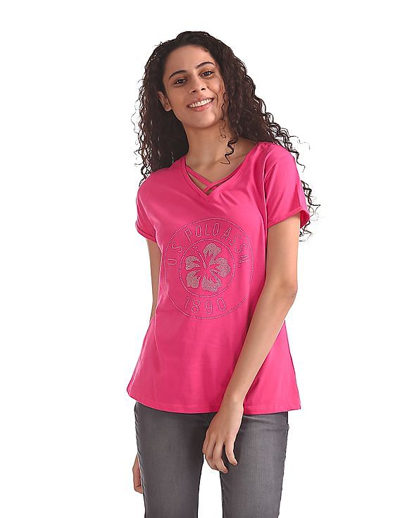 U.S. Polo Assn. Women Roll Up Sleeve Print T-Shirt