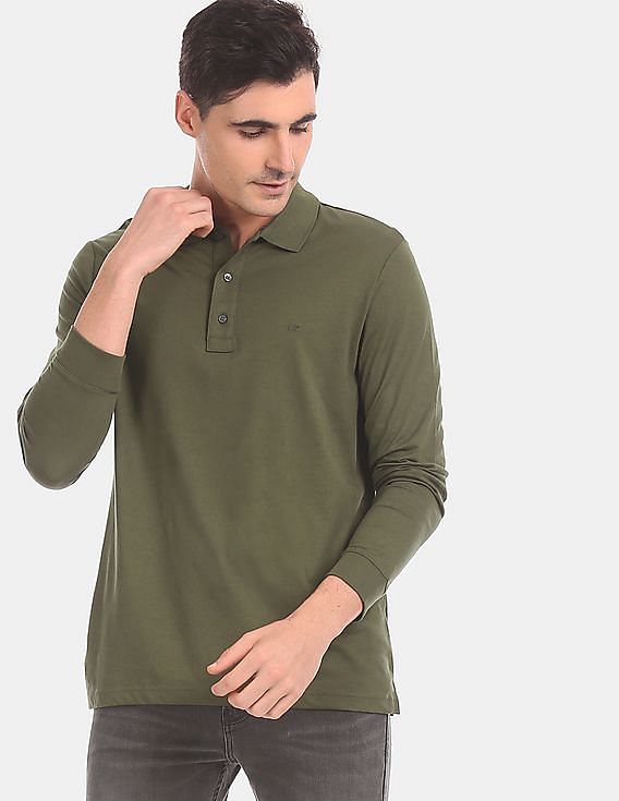 Calvin Klein Men Olive Long Sleeve Solid Polo Shirt