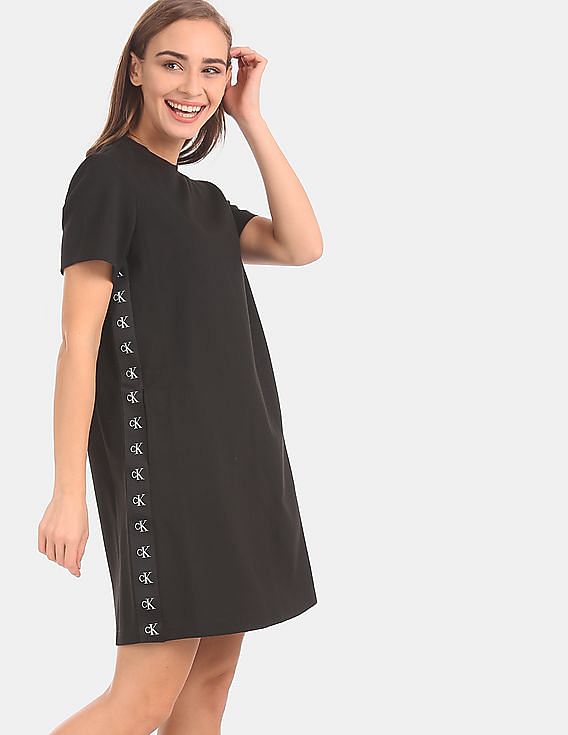 Buy Calvin Klein Women Black Short Sleeve Side Logo Tape Milano T-Shirt  Dress