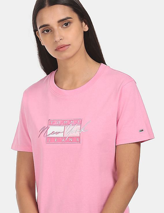 Buy Tommy Hilfiger Women Pink Regular Fit Embroidered Flag T-Shirt -