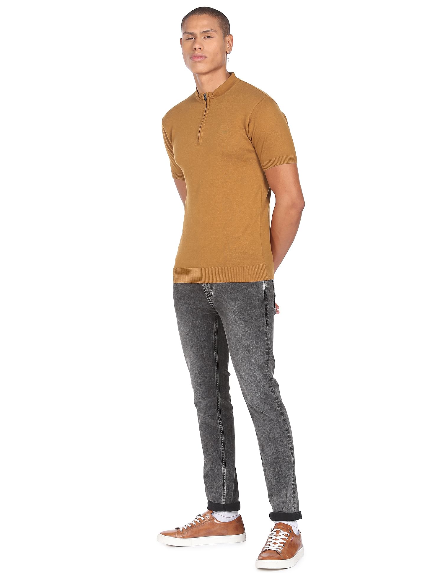 Flying Machine Mock Neck Solid T-Shirt